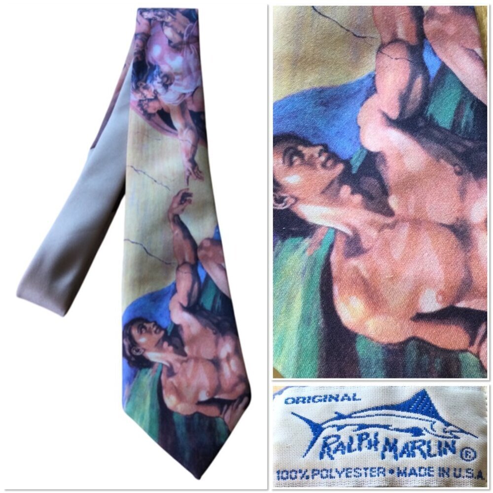 Vintage 90s Ralph Marlin Mens Tie Michelangelo Creation of Adam Art Print USA